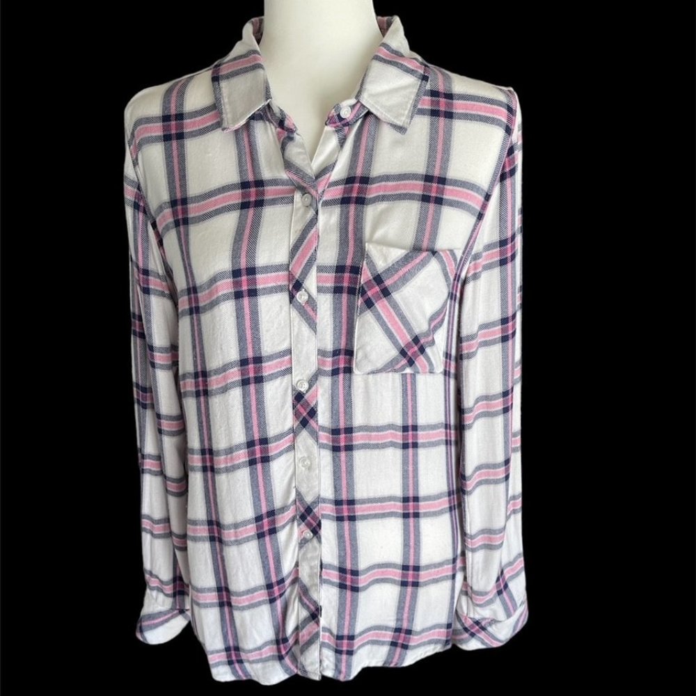 Rails: Women's White w/ Pink & Grey Plaid Long Sleeve Button Up Shirt - Size S